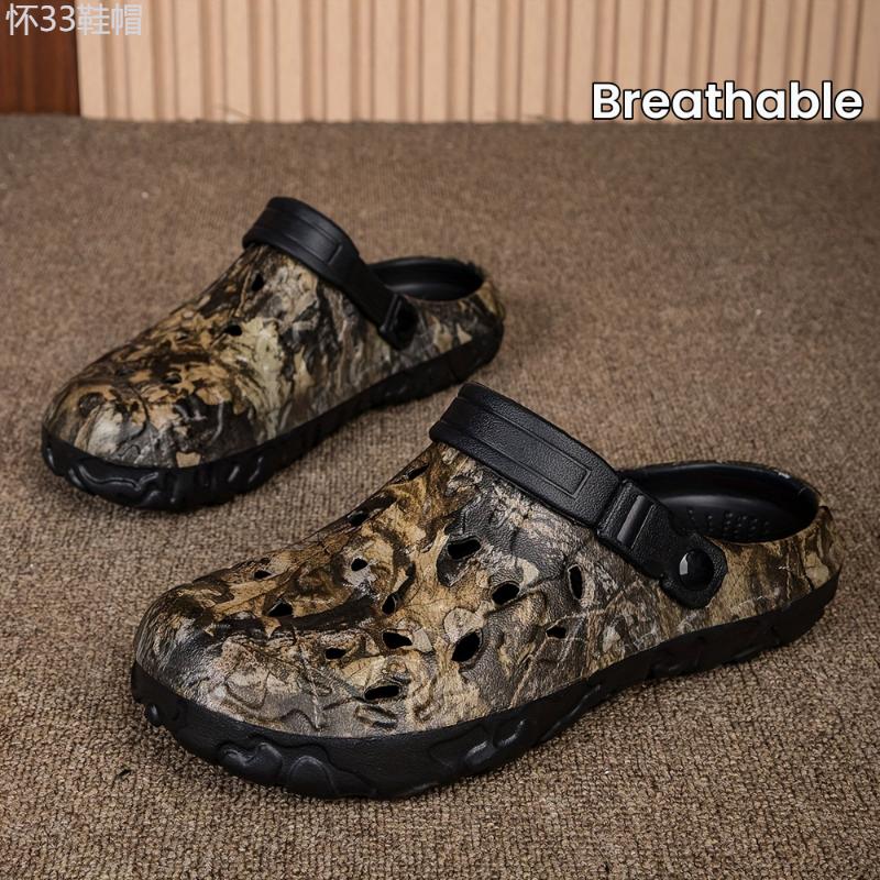 Men's Trendy Camouflage Clogs, Hollow Out Breathable Fashion Beach Water Shoes, Indoor Outdoor Non Slip Slippers For Outdoor Events Footwear Sandal