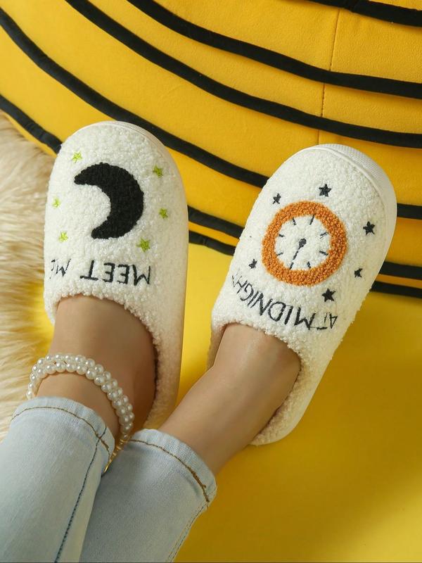 Women's Cartoon Moon & Clock Pattern Plush Slippers, Casual Soft Comfortable Home Slippers, Warm Slippers for Indoor & Outdoor Use for Fall & Winter