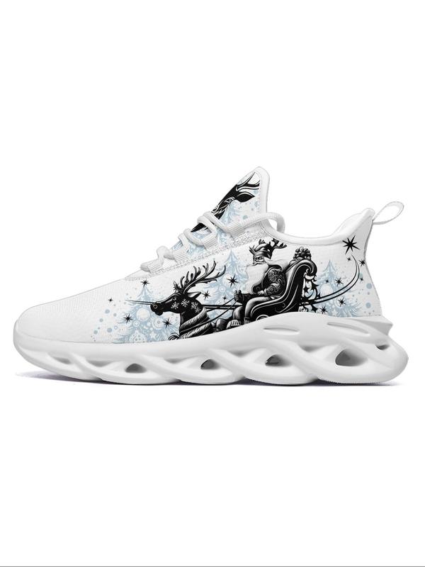 Men's Christmas Reindeer Santa Print Lace Up Low Top Sneakers, Casual Comfortable Breathable Sports Running Shoes, Male All-match Round Toe Shoes for Daily Wear