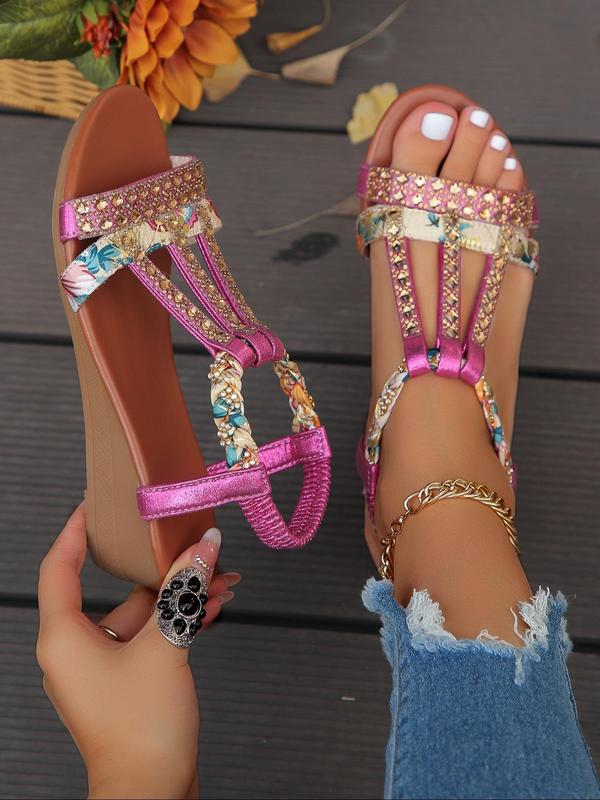 Women's Summer 2024 Rhinestone Decorated Floral Pattern Sandals, Casual Beach Wedge Sandals, Matching Slip on Cute Sandals, Girl's Walking Shoes, Back To School Footwear