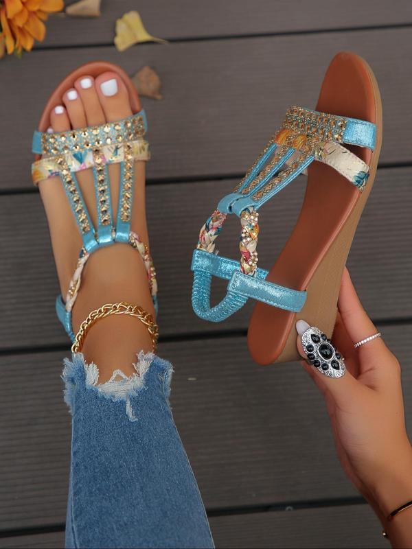 Women's Summer 2024 Rhinestone Decorated Floral Pattern Sandals, Casual Beach Wedge Sandals, Matching Slip on Cute Sandals, Girl's Walking Shoes, Back To School Footwear