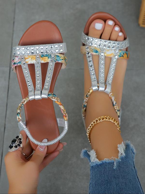 Women's Summer 2024 Rhinestone Decorated Floral Pattern Sandals, Casual Beach Wedge Sandals, Matching Slip on Cute Sandals, Girl's Walking Shoes, Back To School Footwear