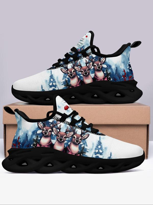 Men's Christmas Reindeer Santa Print Lace Up Low Top Sneakers, Casual Comfortable Breathable Sports Running Shoes, Male All-match Round Toe Shoes for Daily Wear