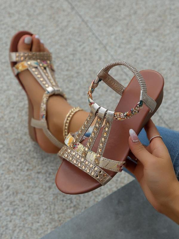 Women's Summer 2024 Rhinestone Decorated Floral Pattern Sandals, Casual Beach Wedge Sandals, Matching Slip on Cute Sandals, Girl's Walking Shoes, Back To School Footwear