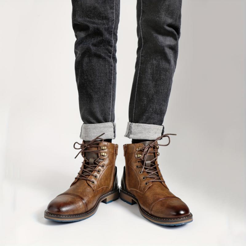 Vintage-Inspired Men's Cap Toe Lace-Up Boots - Side Zipper & Durable PU Leather Construction - Classic Footwear for Casual & Walking Occasions