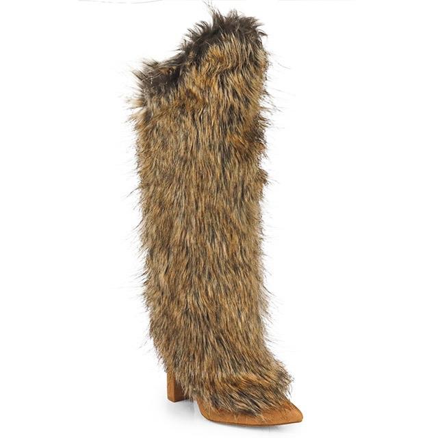 Demure Richness Tan Fur Block Heel Boots for Women - Girl Footwear warm winter shoes