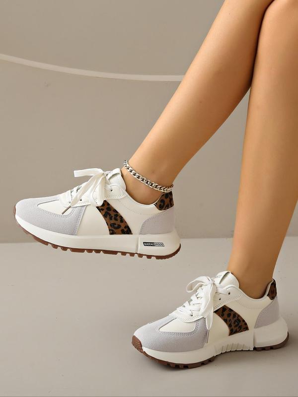 Women's Fashion Leopard Print Lace Up Low Top Sneakers, Casual Comfortable Sports Running Shoes, All-match Round Toe Chunky Sneakers for Daily Wear