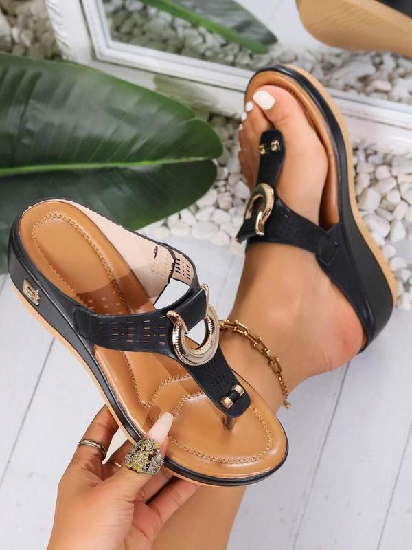 Women's Fashionable Hollow Out O-ring Design Wedge Sandals, Casual Comfortable Slip on Sandals for Summer, Female All-match Toe Thong Shoes for Daily Wear