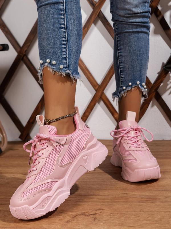 Women's Summer Fashionable Plain Lace up Thick-soled Sneakers, Lightweight Contrast Mesh Breathable Summer Sports Walking Shoes, Casual Versatile Comfortable Chunky Shoes