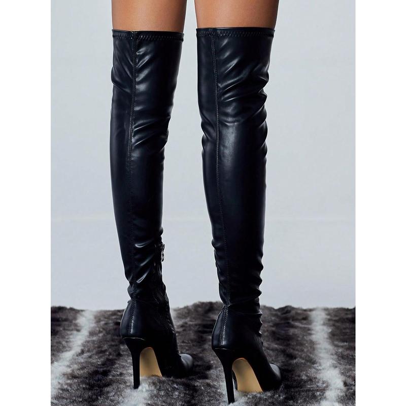 Women's Pointed Toe Stiletto Heel Knee High Boots With Side Zipper, Autumn & Winter, Black, Eel Skin Pattern, Sexy & Fashionable Classic Boots