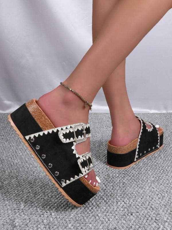 Women's Rivet Design Slip on Wedge Sandals, Boho Style Ethnic Pattern Design Designer Designer Slides, Non-slip Thick Sole Sandals for Daily Wear