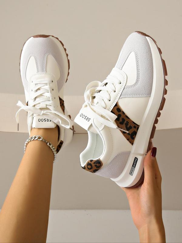 Women's Fashion Leopard Print Lace Up Low Top Sneakers, Casual Comfortable Sports Running Shoes, All-match Round Toe Chunky Sneakers for Daily Wear