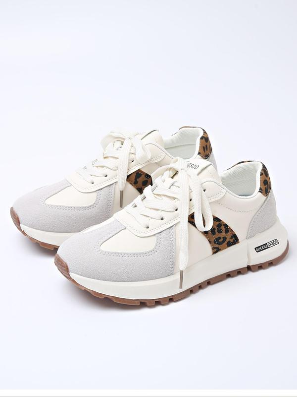 Women's Fashion Leopard Print Lace Up Low Top Sneakers, Casual Comfortable Sports Running Shoes, All-match Round Toe Chunky Sneakers for Daily Wear