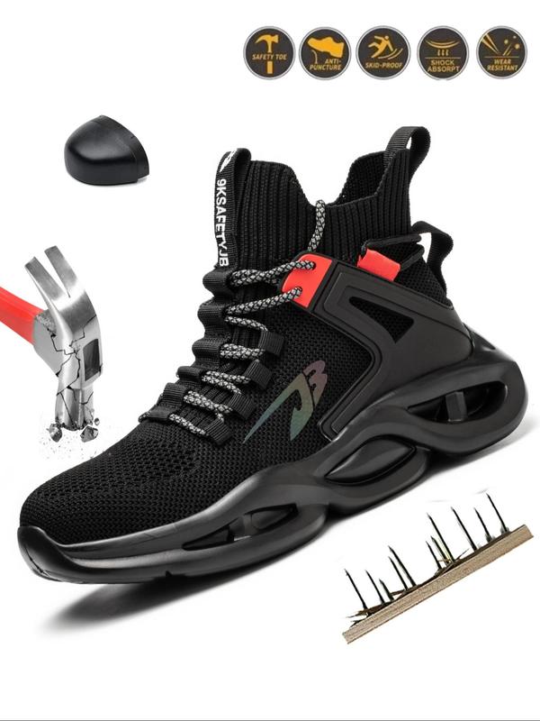 Men's Letters Print High Top Lace Up Work Shoes, Casual Breathable Comfortable Non-slip Safety Shoes, Fashionable Anti-smash and Anti-puncture Shoes for Daily Wear