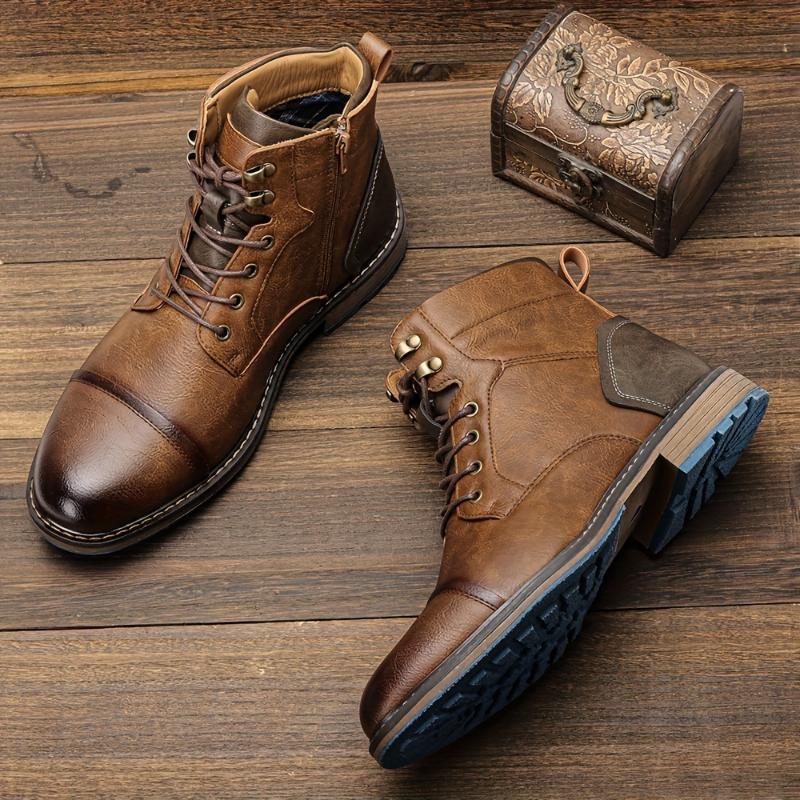 Vintage-Inspired Men's Cap Toe Lace-Up Boots - Side Zipper & Durable PU Leather Construction - Classic Footwear for Casual & Walking Occasions