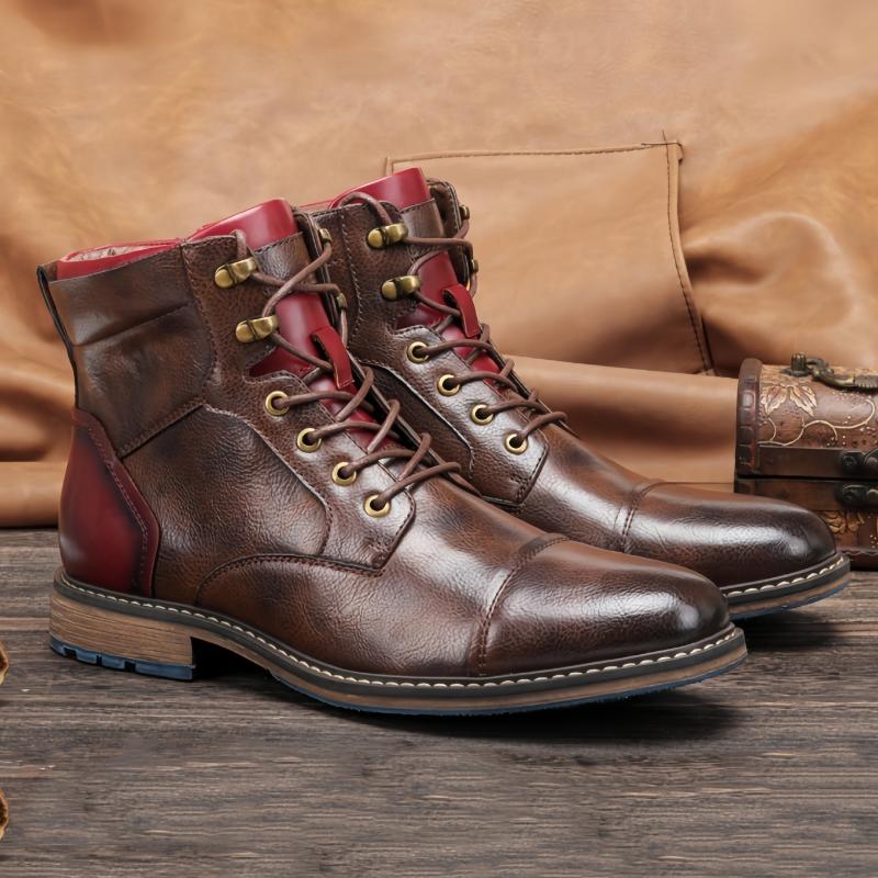 Vintage-Inspired Men's Cap Toe Lace-Up Boots - Side Zipper & Durable PU Leather Construction - Classic Footwear for Casual & Walking Occasions