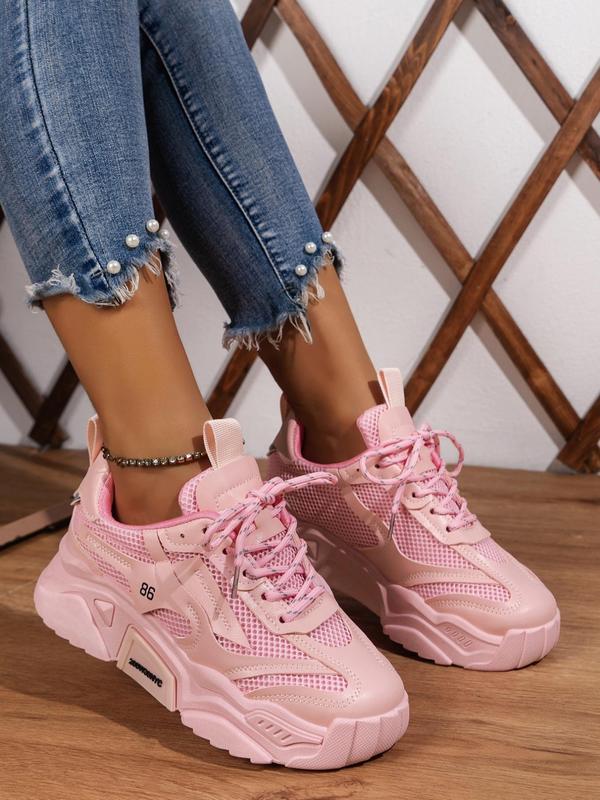 Women's Summer Fashionable Plain Lace up Thick-soled Sneakers, Lightweight Contrast Mesh Breathable Summer Sports Walking Shoes, Casual Versatile Comfortable Chunky Shoes