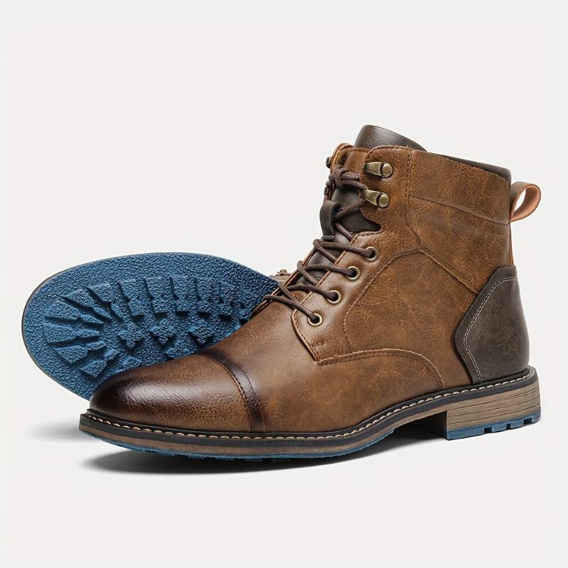 Vintage-Inspired Men's Cap Toe Lace-Up Boots - Side Zipper & Durable PU Leather Construction - Classic Footwear for Casual & Walking Occasions