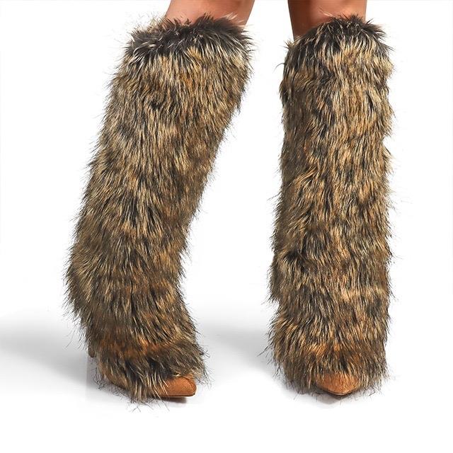 Demure Richness Tan Fur Block Heel Boots for Women - Girl Footwear warm winter shoes