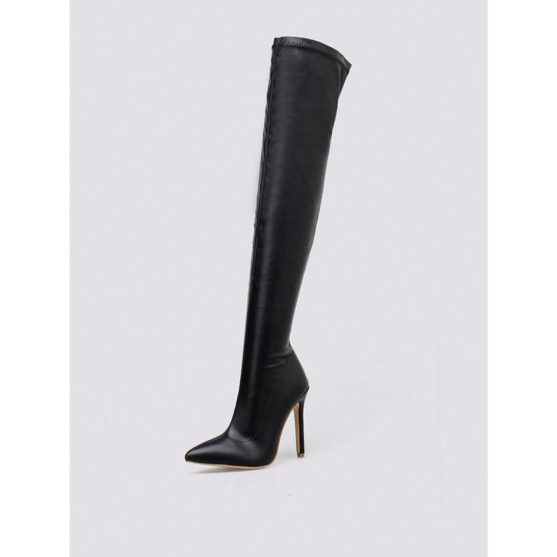 Women's Pointed Toe Stiletto Heel Knee High Boots With Side Zipper, Autumn & Winter, Black, Eel Skin Pattern, Sexy & Fashionable Classic Boots