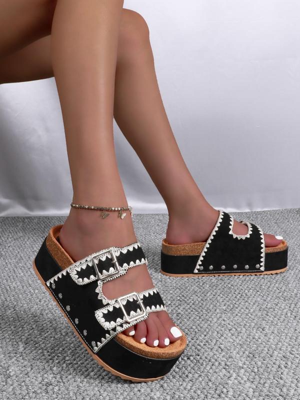 Women's Rivet Design Slip on Wedge Sandals, Boho Style Ethnic Pattern Design Designer Designer Slides, Non-slip Thick Sole Sandals for Daily Wear