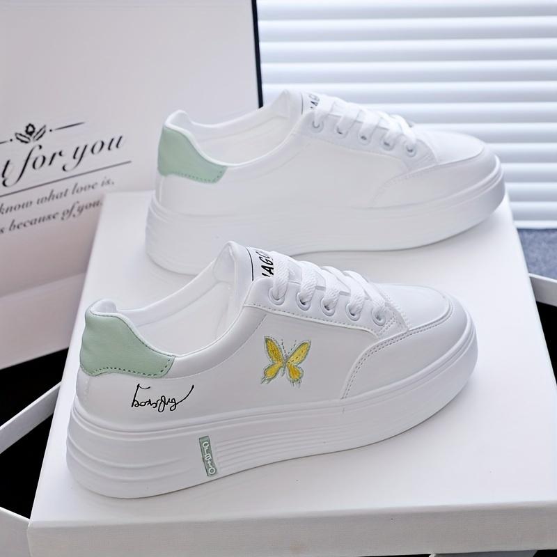 Stylish Butterfly Print Low-Top Comfort Sneakers - Fashion Sneakers with Lace Up Platform, Soft Sole, and Breathable Design for Casual Walking and Skating - White Color, Perfect for Everyday Wear