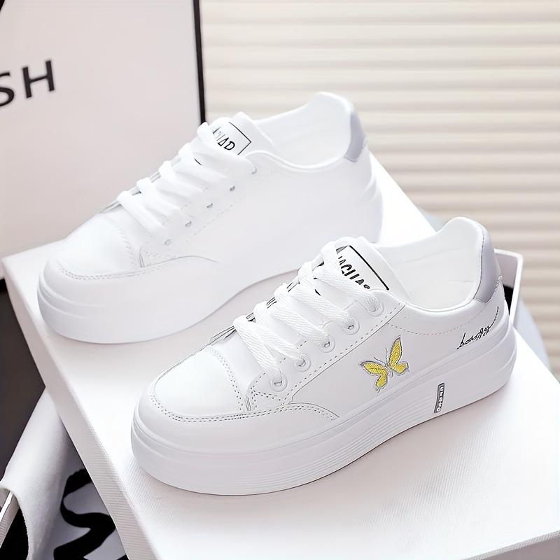 Stylish Butterfly Print Low-Top Comfort Sneakers - Fashion Sneakers with Lace Up Platform, Soft Sole, and Breathable Design for Casual Walking and Skating - White Color, Perfect for Everyday Wear