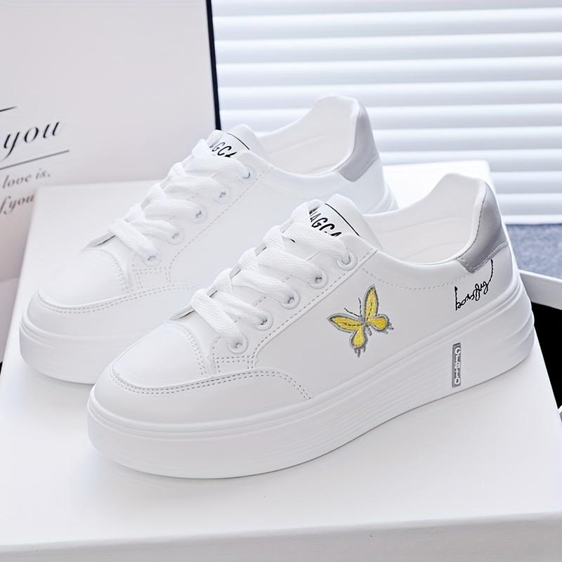 Stylish Butterfly Print Low-Top Comfort Sneakers - Fashion Sneakers with Lace Up Platform, Soft Sole, and Breathable Design for Casual Walking and Skating - White Color, Perfect for Everyday Wear