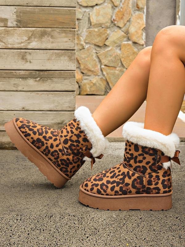 Women's Fashion Leopard Print Bowknot Decorated Ankle Boots, Casual Comfortable Warm Snow Boots for Winter, Fluffy Lined Boots for Indoor & Outdoor