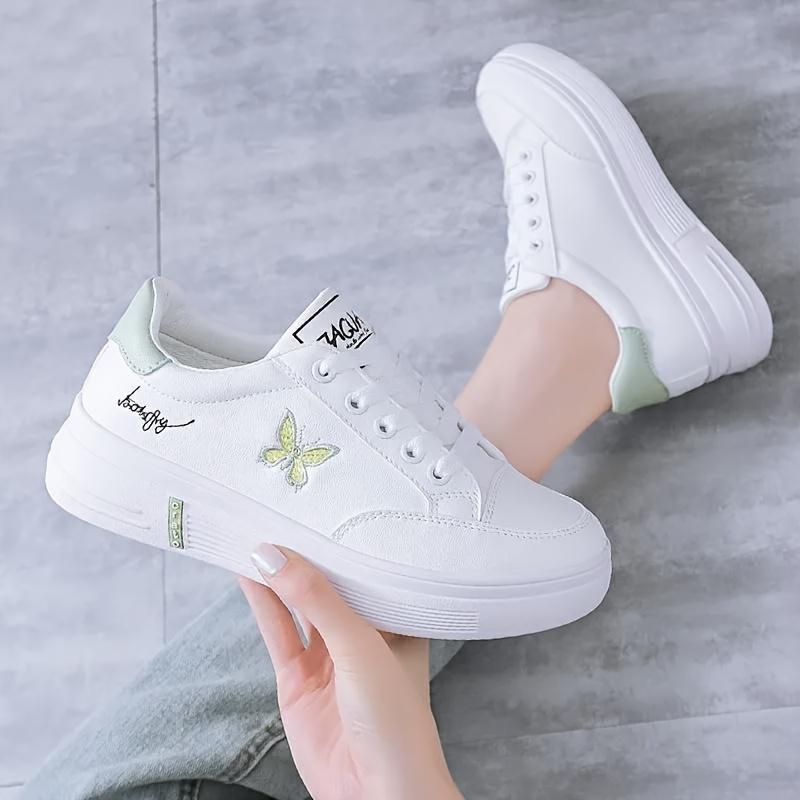 Stylish Butterfly Print Low-Top Comfort Sneakers - Fashion Sneakers with Lace Up Platform, Soft Sole, and Breathable Design for Casual Walking and Skating - White Color, Perfect for Everyday Wear