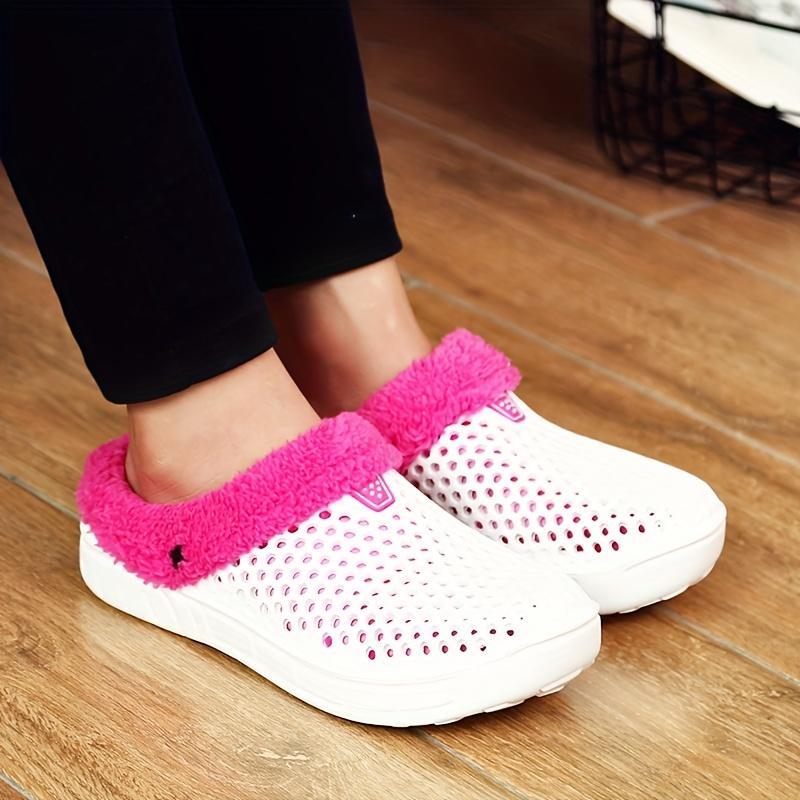 Plus Size Unisex Winter Indoor Shoes, Plush Lined Slip On Clogs, Casual Solid Color Hollow Out Slippers for Men & Women Footwear Walking Shoes