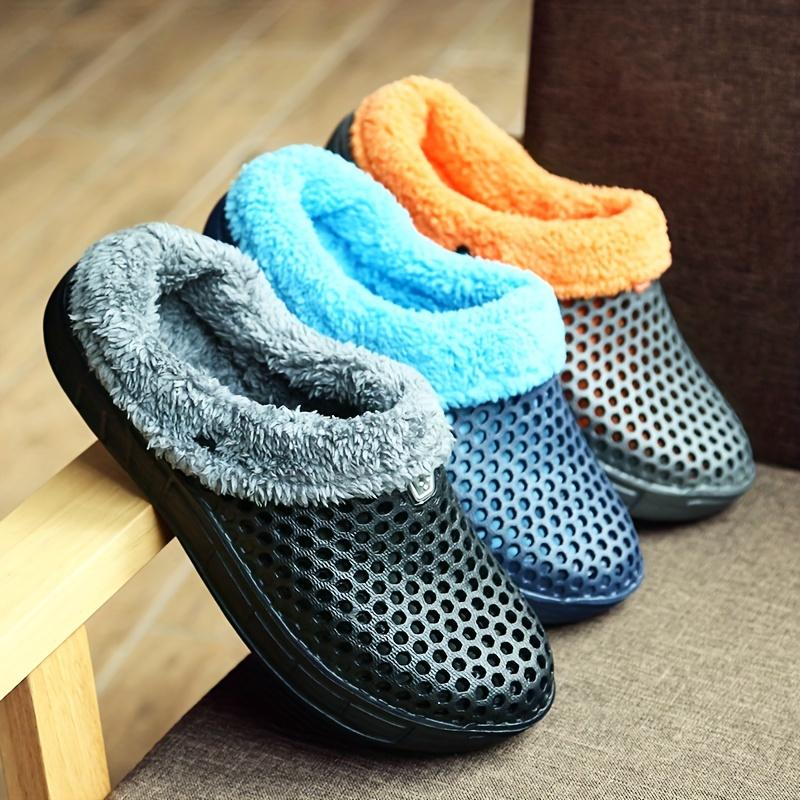 Plus Size Unisex Winter Indoor Shoes, Plush Lined Slip On Clogs, Casual Solid Color Hollow Out Slippers for Men & Women Footwear Walking Shoes