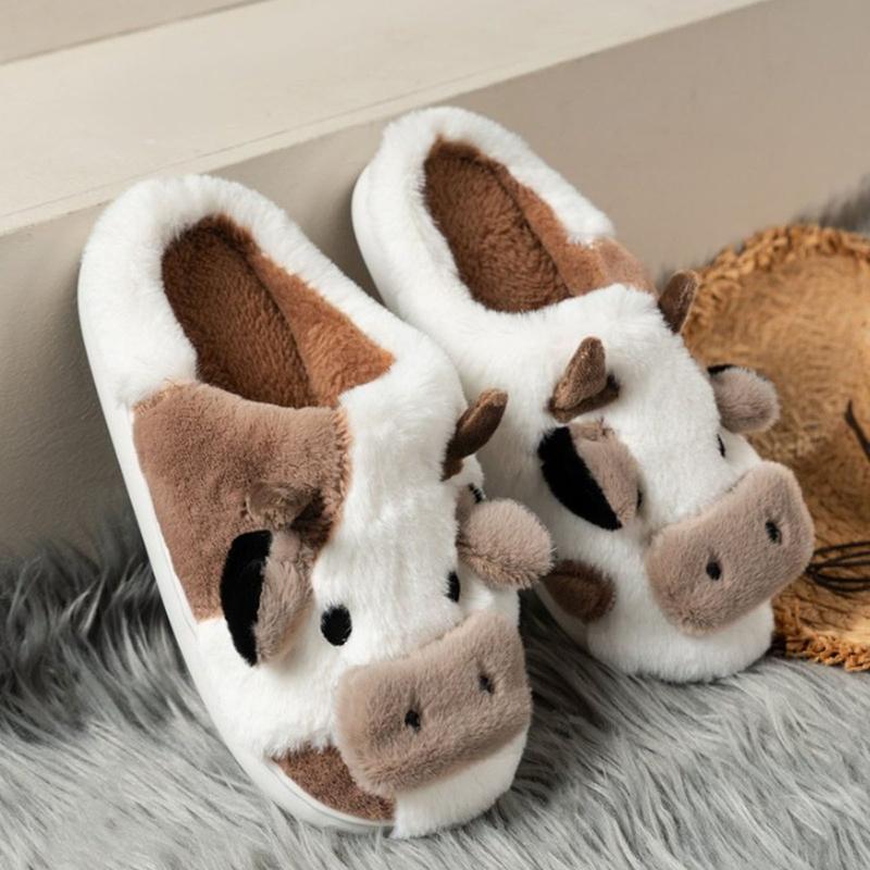 Slippers for Women,comfortable and warm closed toe non slip shoes, cute cartoon milk cow plush cotton slippers for indoor bedrooms in winter