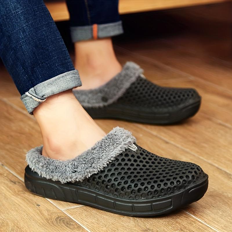 Plus Size Unisex Winter Indoor Shoes, Plush Lined Slip On Clogs, Casual Solid Color Hollow Out Slippers for Men & Women Footwear Walking Shoes