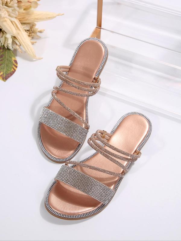 Women's Fashionable Rhinestone Decorated Slide Sandals, Casual Comfortable Flat Sandals for Summer, Lightweight Breathable Shoes for Daily Wear