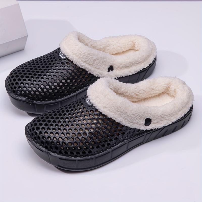 Plus Size Unisex Winter Indoor Shoes, Plush Lined Slip On Clogs, Casual Solid Color Hollow Out Slippers for Men & Women Footwear Walking Shoes