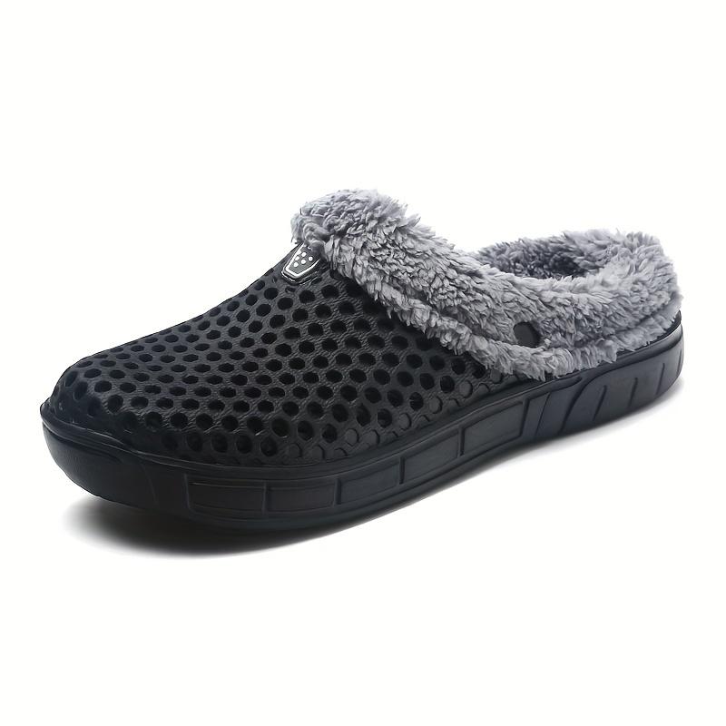 Plus Size Unisex Winter Indoor Shoes, Plush Lined Slip On Clogs, Casual Solid Color Hollow Out Slippers for Men & Women Footwear Walking Shoes