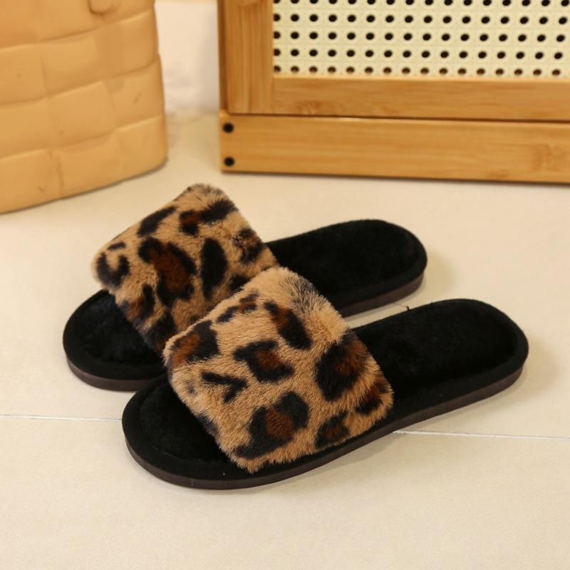 1 Pair Women's Trendy Street Style Leopard Bedroom Slippers, Simple Style House Slippers With Open Toe Design, Casual Trendy Fluffy Fuzzy Slippers for Indoor for Fall & Winter, Black Friday Deal