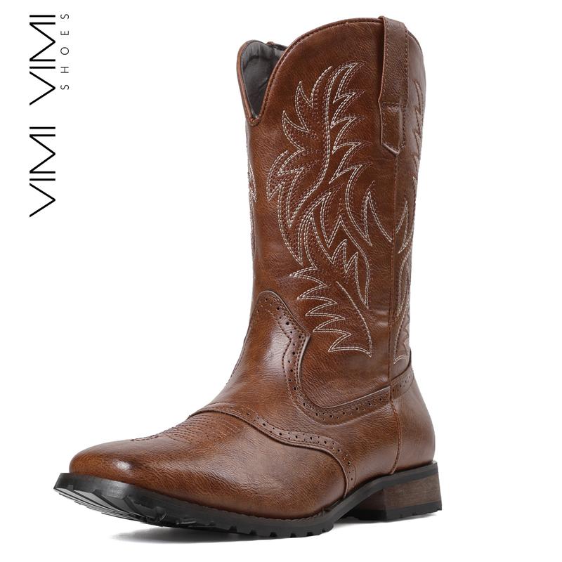 VIMI VIMI Cowboy Boots for Mens Square Toe Embroidery Fashionable Mid Calf Boot Western Riding Shoes Booties