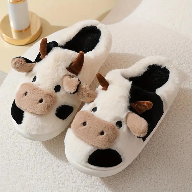 Slippers for Women,comfortable and warm closed toe non slip shoes, cute cartoon milk cow plush cotton slippers for indoor bedrooms in winter