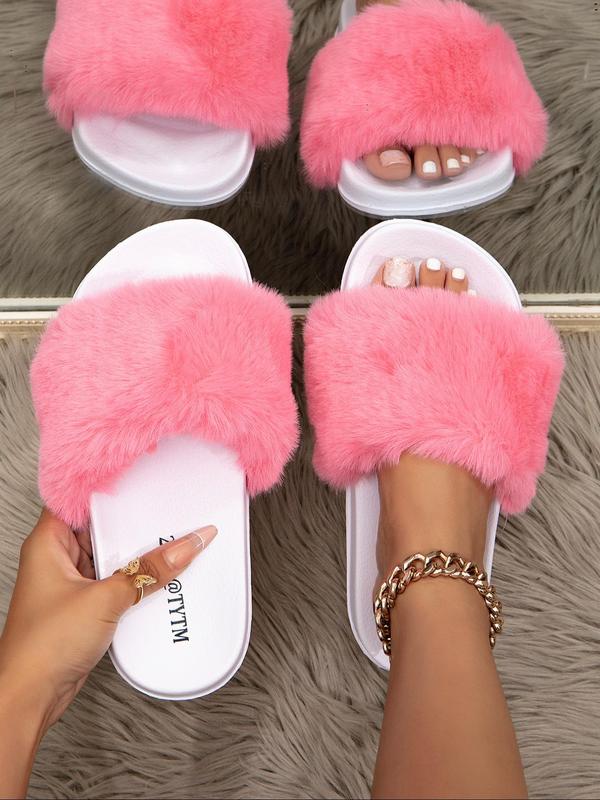 Women's Contrast Faux Fur Sports Slides, Casual Soft Comfortable Sports Slippers, Breathable Sports Slippers for Indoor Outdoor Wear