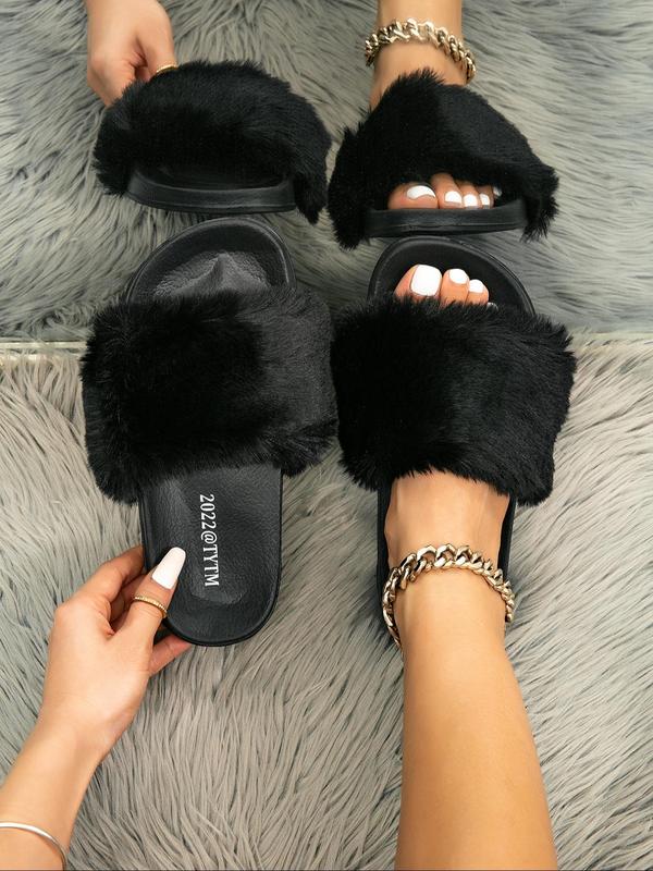 Women's Contrast Faux Fur Sports Slides, Casual Soft Comfortable Sports Slippers, Breathable Sports Slippers for Indoor Outdoor Wear