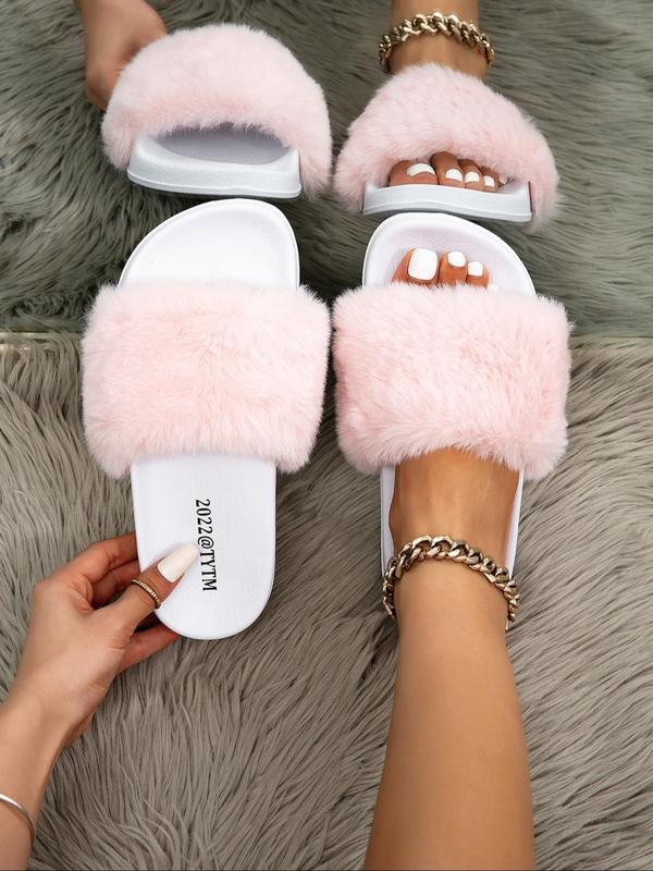 Women's Contrast Faux Fur Sports Slides, Casual Soft Comfortable Sports Slippers, Breathable Sports Slippers for Indoor Outdoor Wear