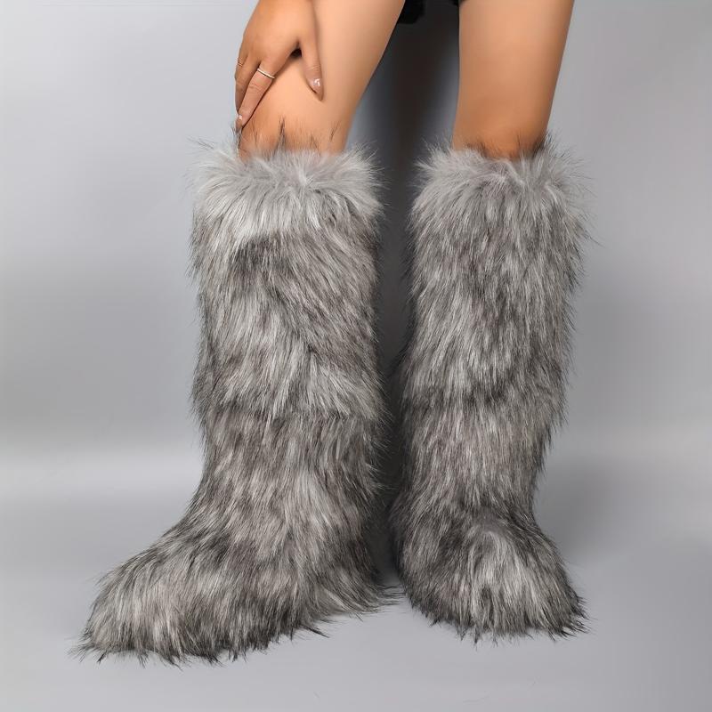 Women's Fluffy Faux Fur Boots, Pull On Platform Soft Sole High Knee Winter Boots, Round Toe Non-slip Warm Snow Boots