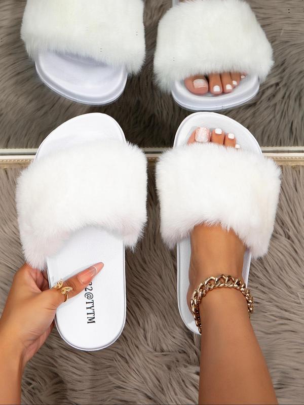 Women's Contrast Faux Fur Sports Slides, Casual Soft Comfortable Sports Slippers, Breathable Sports Slippers for Indoor Outdoor Wear