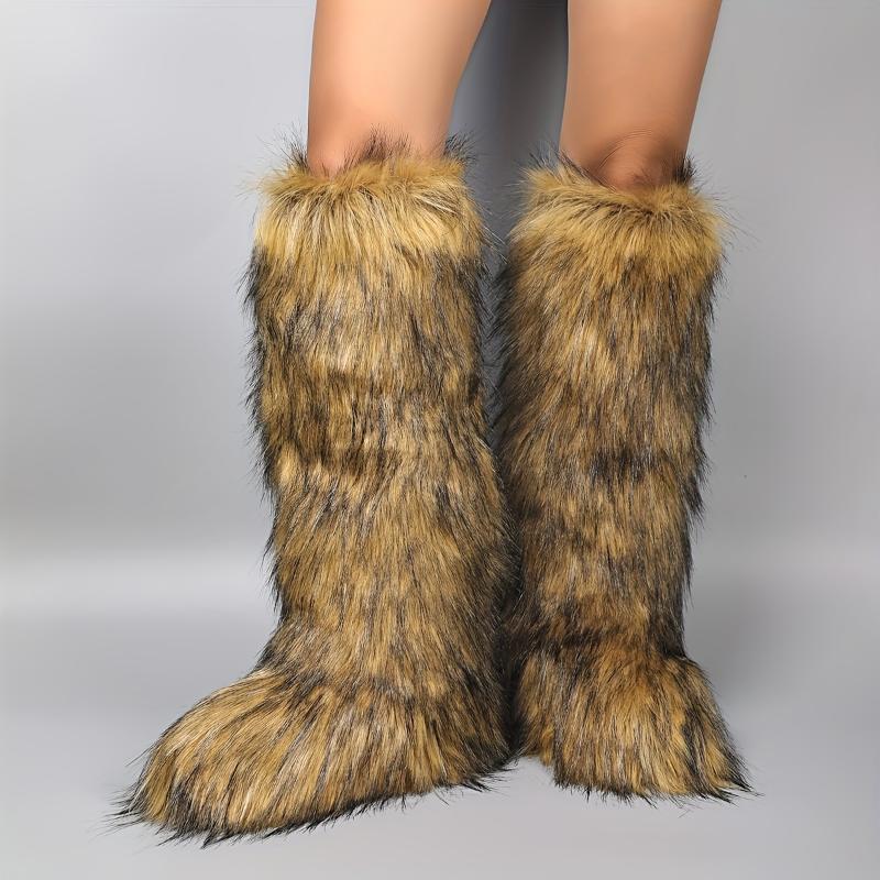 Women's Fluffy Faux Fur Boots, Pull On Platform Soft Sole High Knee Winter Boots, Round Toe Non-slip Warm Snow Boots