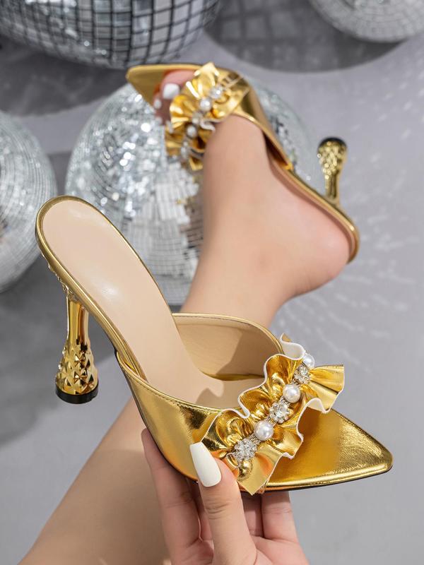 Women's Elegant Faux Pearl & Rhinestone Decorated High Heel Sandals, Trendy Open Toe Sandals, Fashionable Heeled Sandals for Party & Daily Wear