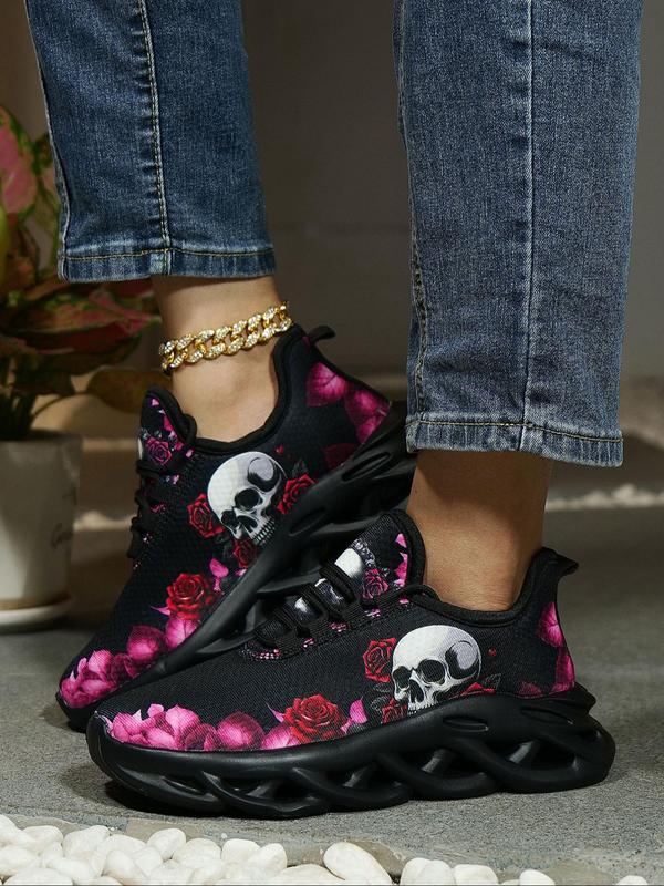 Women's Fashionable Cartoon Skull Pattern Lace Up Low Top Sneakers, Casual Comfortable Breathable Sports Shoes, Female All-match Round Toe Shoes for Daily Wear