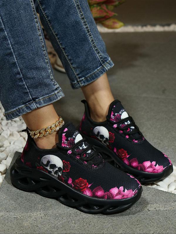 Women's Fashionable Cartoon Skull Pattern Lace Up Low Top Sneakers, Casual Comfortable Breathable Sports Shoes, Female All-match Round Toe Shoes for Daily Wear