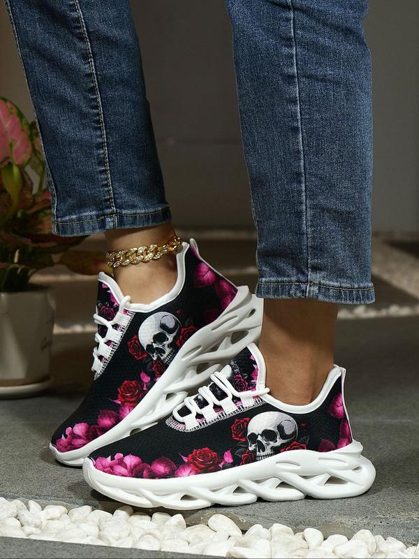 Women's Fashionable Cartoon Skull Pattern Lace Up Low Top Sneakers, Casual Comfortable Breathable Sports Shoes, Female All-match Round Toe Shoes for Daily Wear